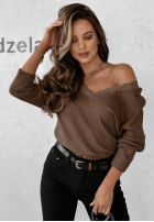 Prążkowana Bluse z koronką Lace Craft Schokoladenbraun