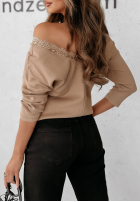 Prążkowana Bluse z koronką Lace Craft Beige