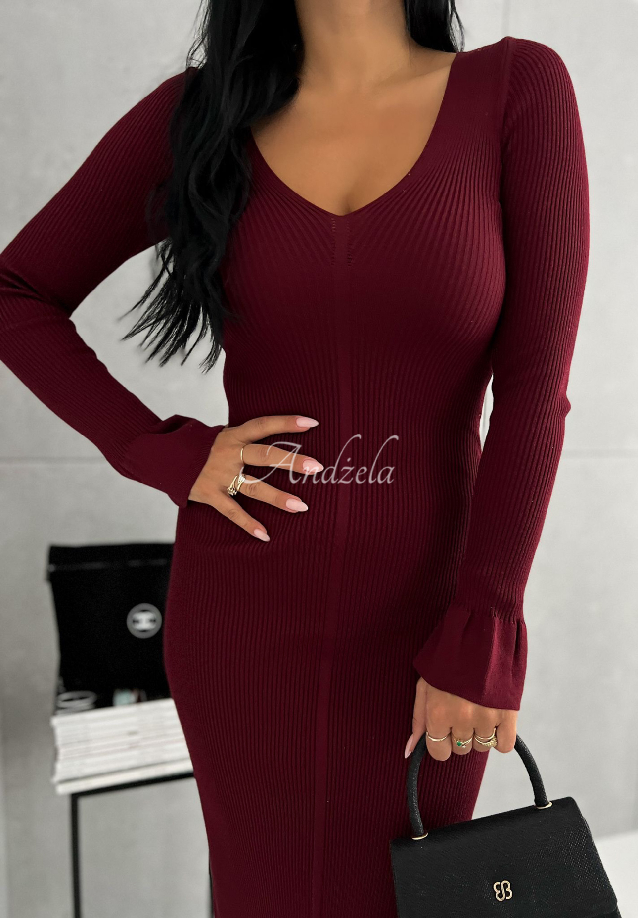 Ribbed neckline dress Blow Me Kisses burgundy