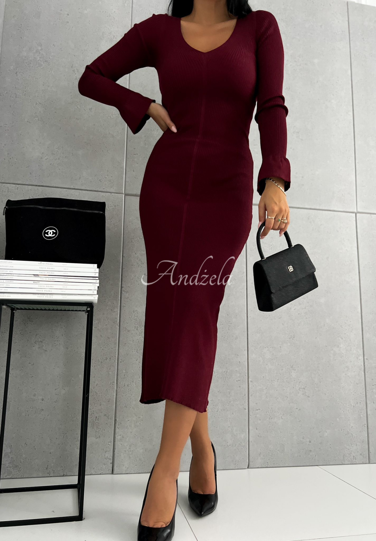 Ribbed neckline dress Blow Me Kisses burgundy