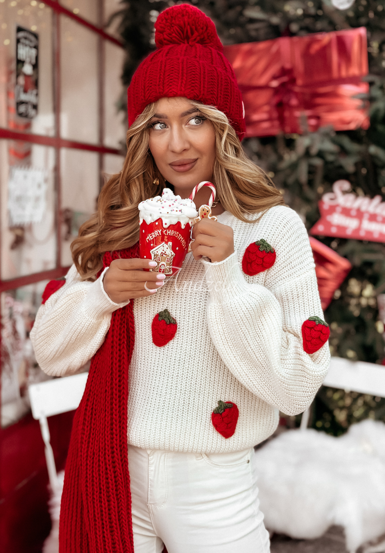 Geflochtene Mütze mit Bommel Laponia Rot
