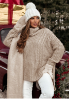 Ozdobnie pleciony Pullover z golfem Rosso Beige