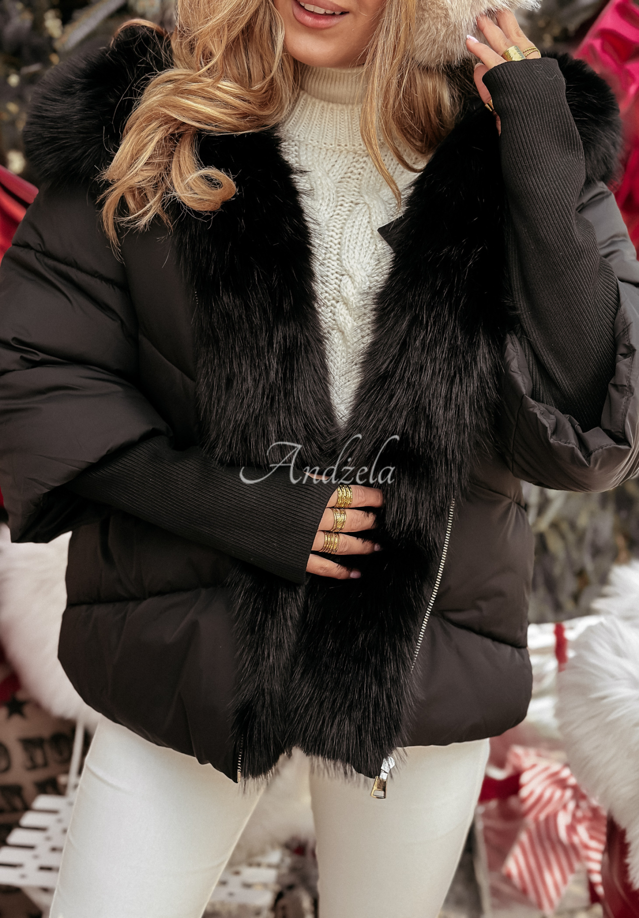 Steppjacke mit Fell Frosty Horizon Schwarz