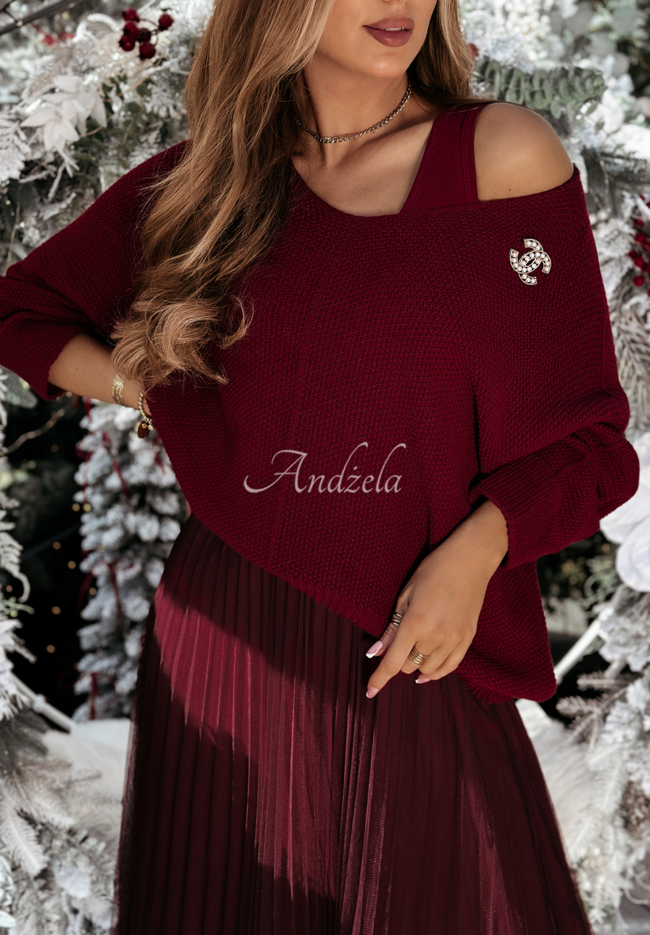 Set aus plissiertem Kleid und Pullover Falling Fast Burgunderrot