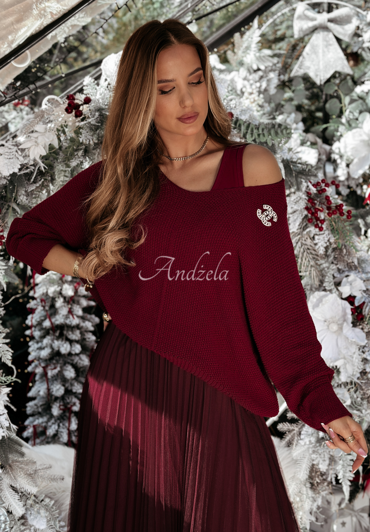 Set aus plissiertem Kleid und Pullover Falling Fast Burgunderrot