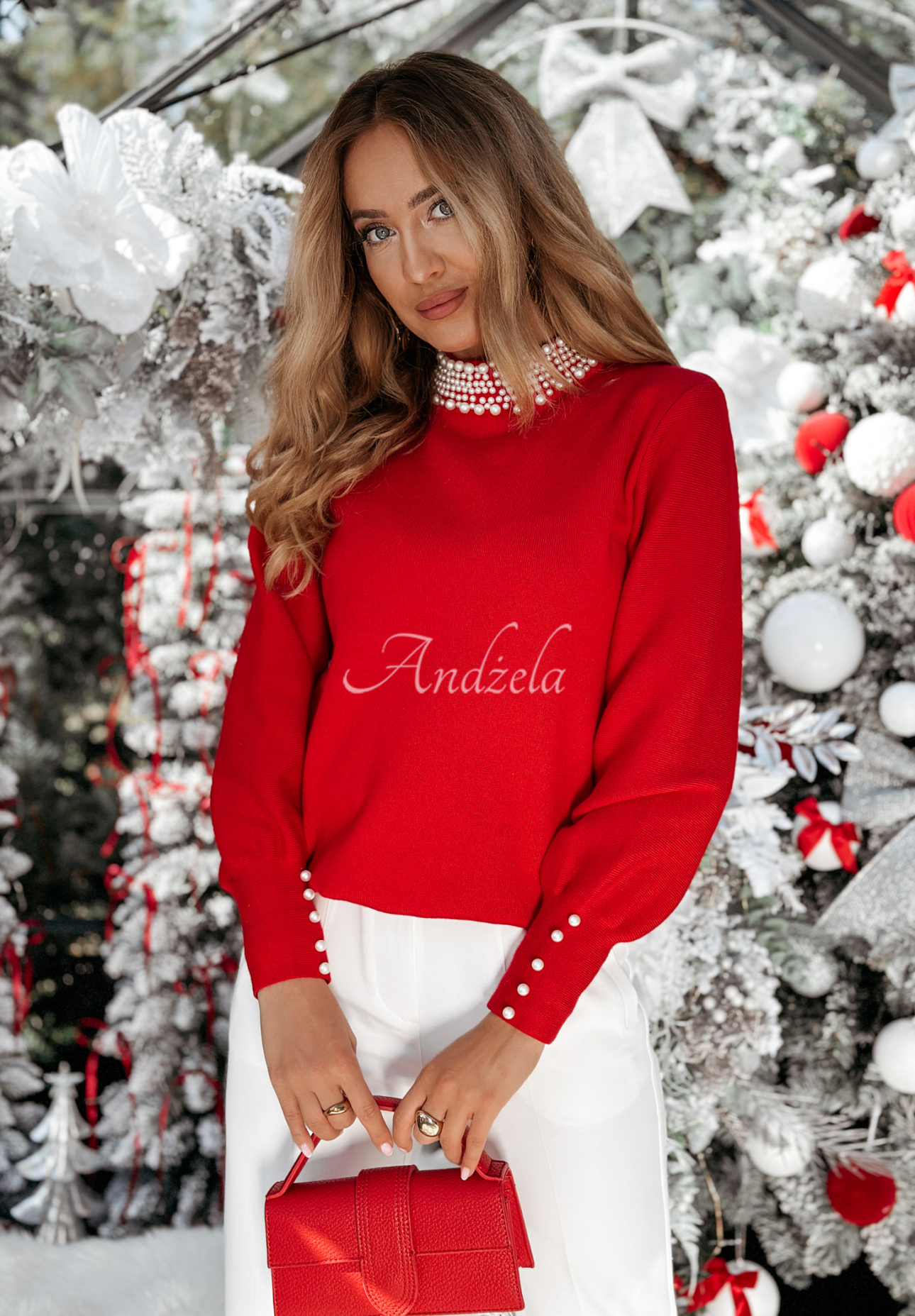 Viskose-Pullover mit Perlen Comfy Pearls Rot