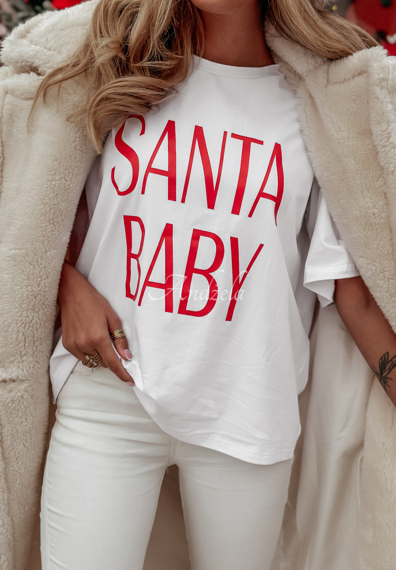 Weihnachts-T-Shirt mit Print Santa Baby Weiß