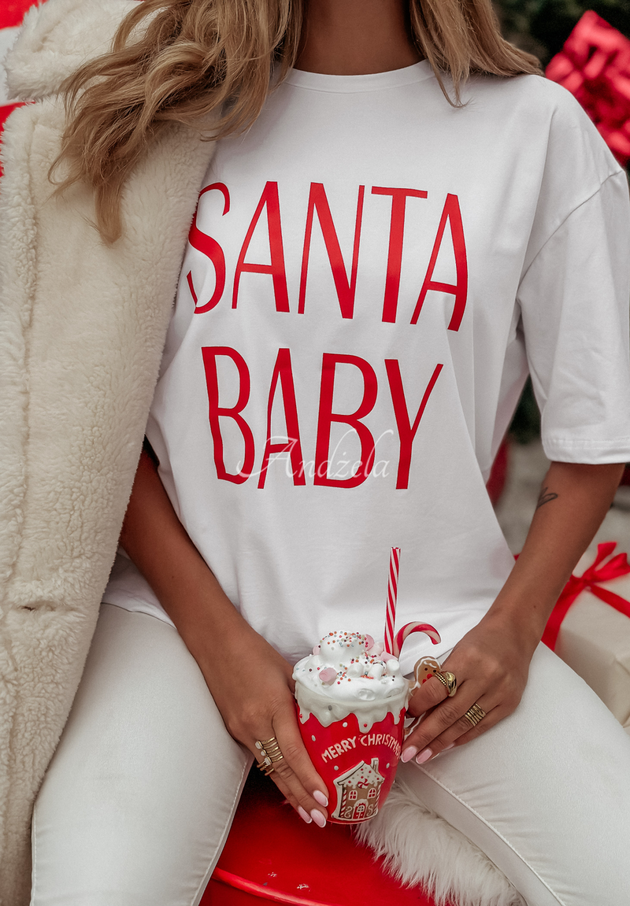 Weihnachts-T-Shirt mit Print Santa Baby Weiß