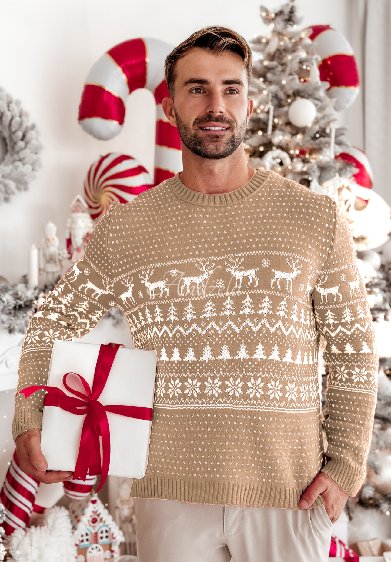 Herren-Weihnachtspullover Christmas Time Beige