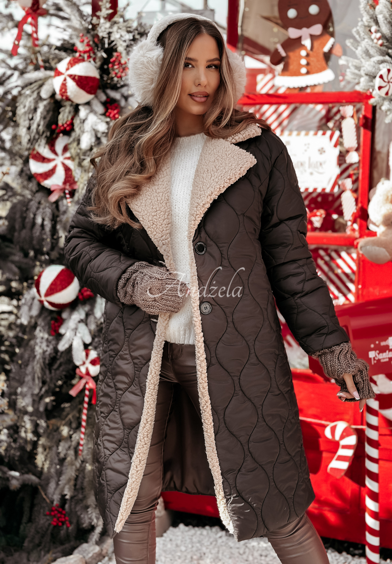 Steppjacke mit Schaffell Warm Feelings Schokoladenbraun