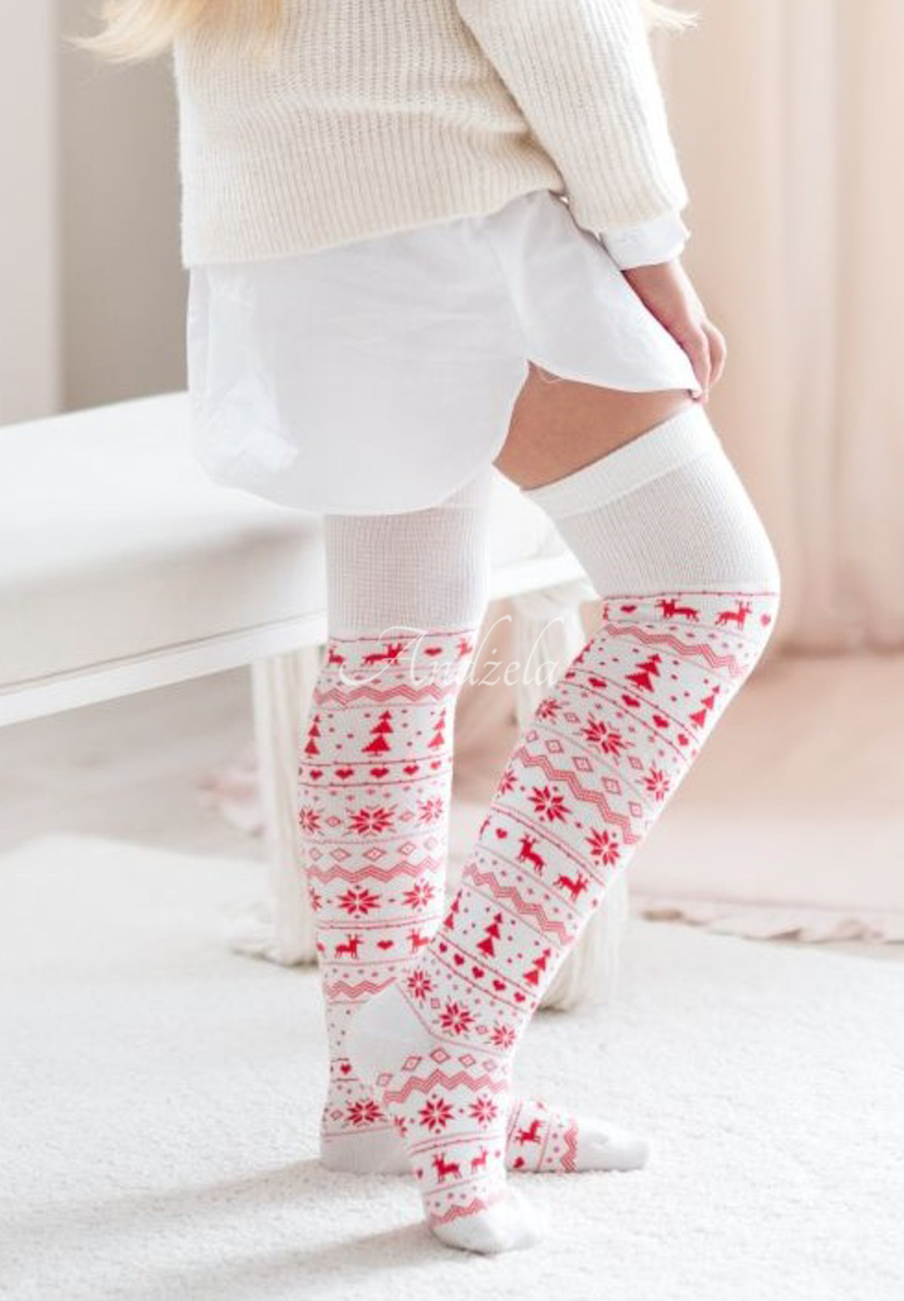 Weihnachts-Overknee-Socken für Kinder HoHoHoliday Weiß