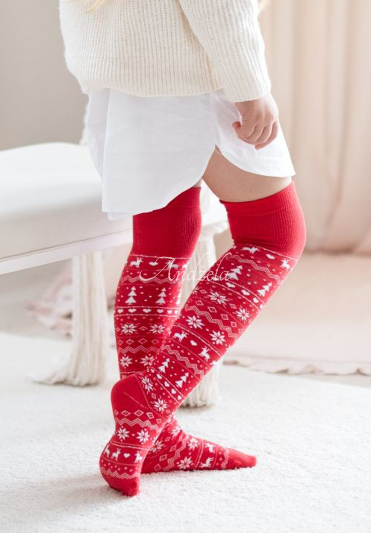 Weihnachts-Overknee-Socken für Kinder HoHoHoliday Rot