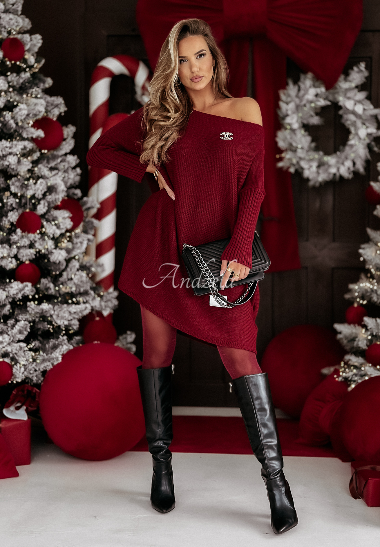 Oversize-Strickkleid California Burgunderrot