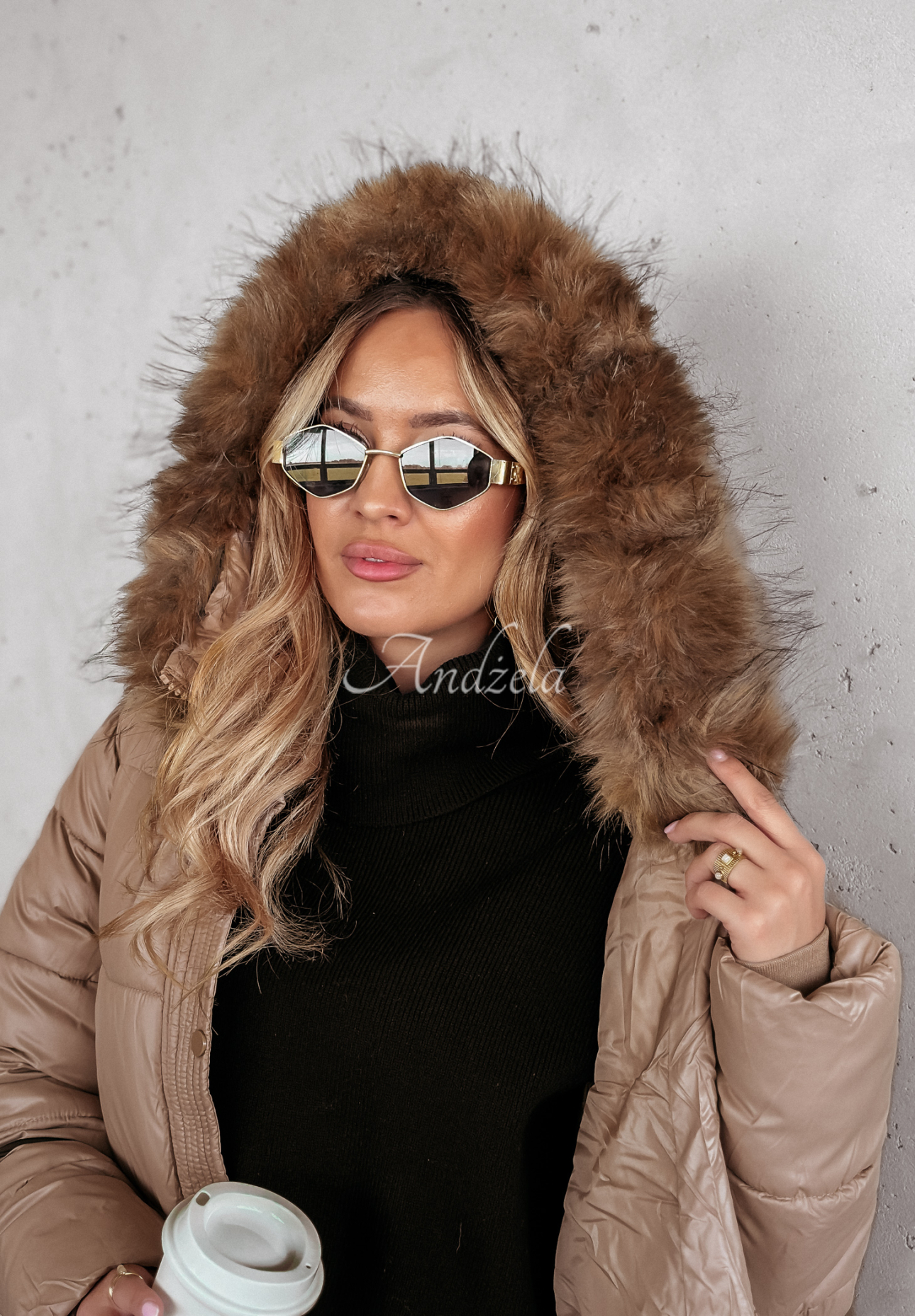 Lange Steppjacke mit Fell Glacial Shine Camel