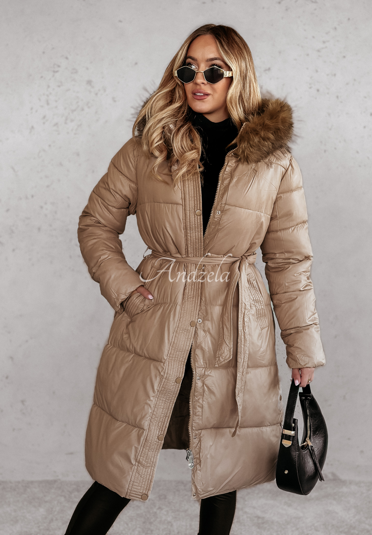 Lange Steppjacke mit Fell Glacial Shine Camel