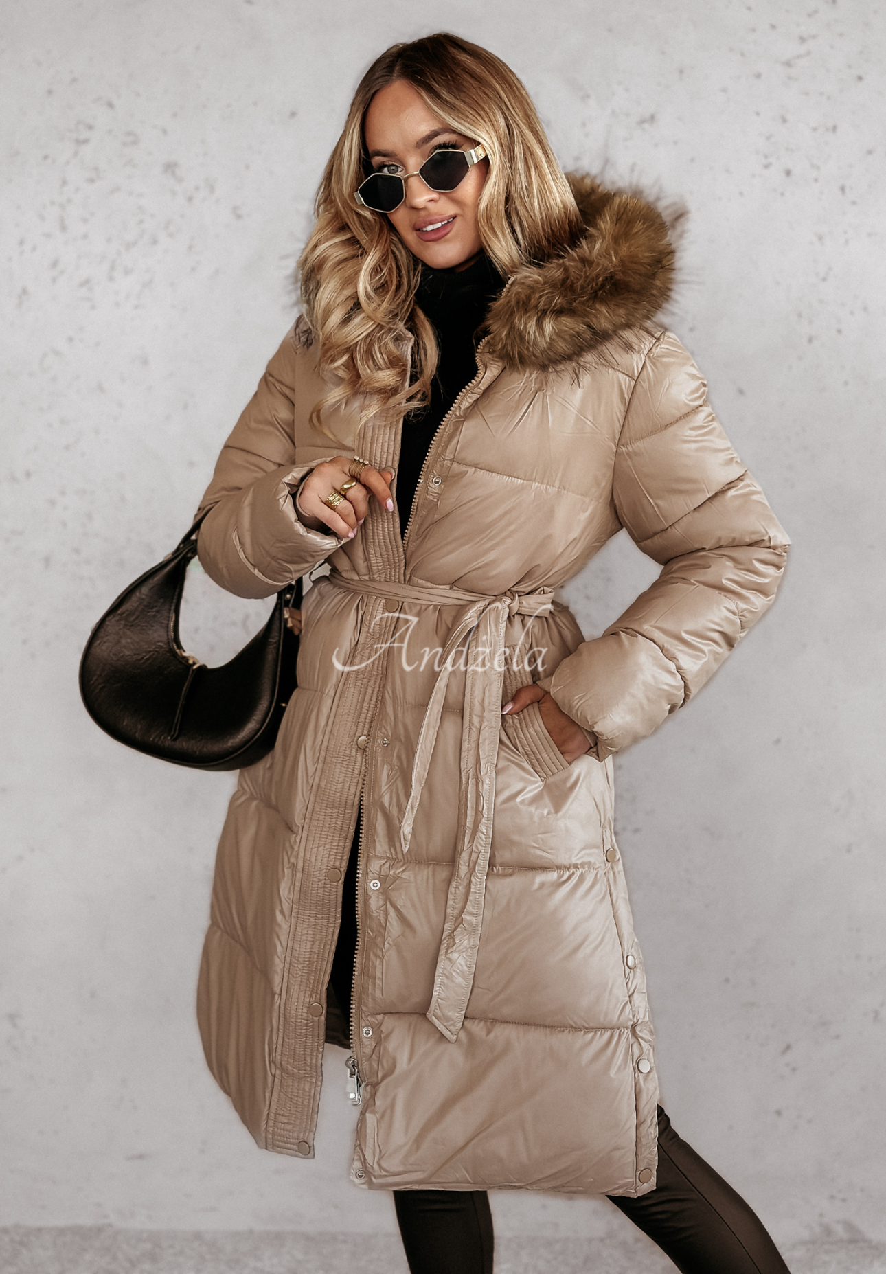 Lange Steppjacke mit Fell Glacial Shine Camel