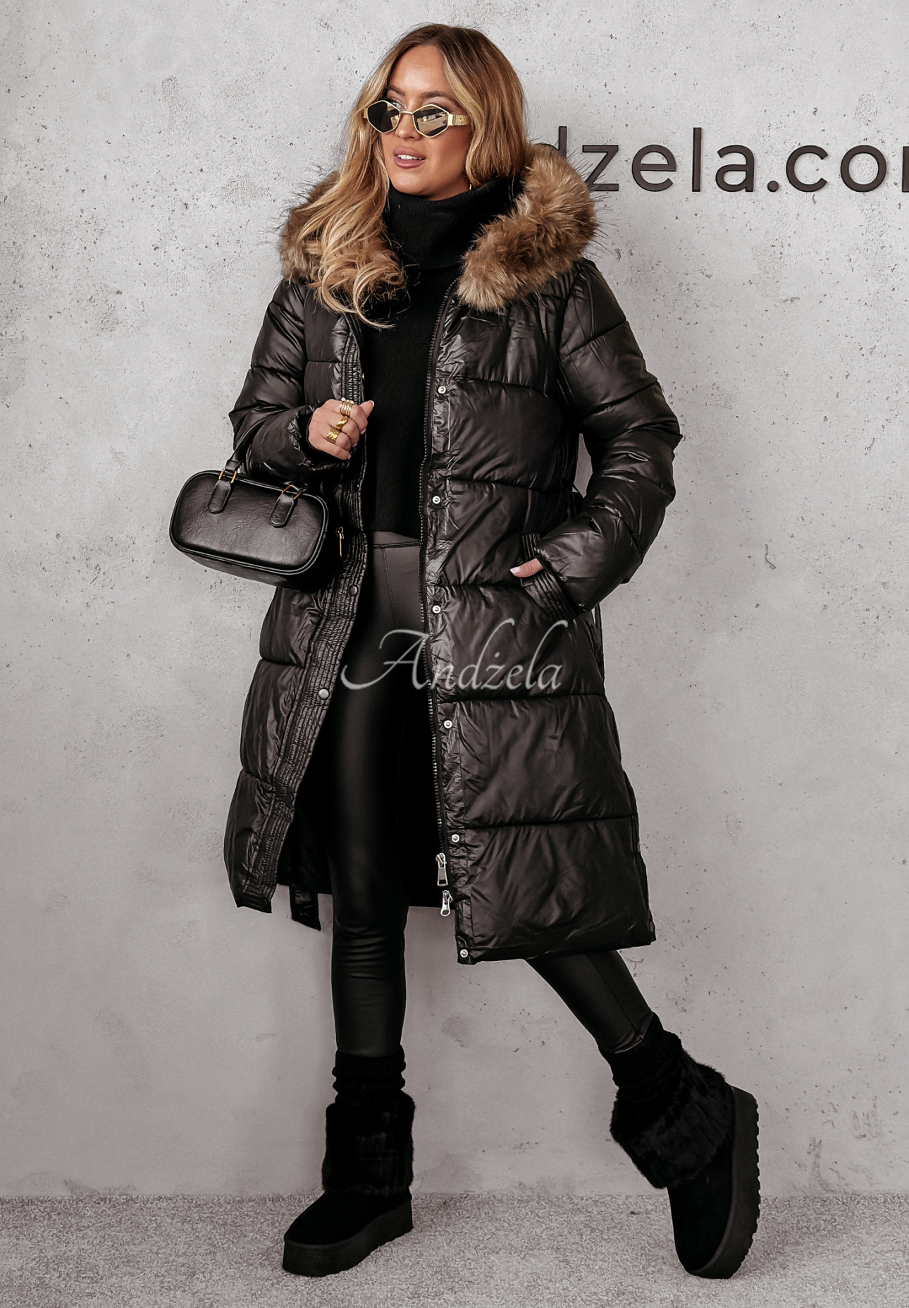 Lange Steppjacke mit Fell Glacial Shine Schwarz