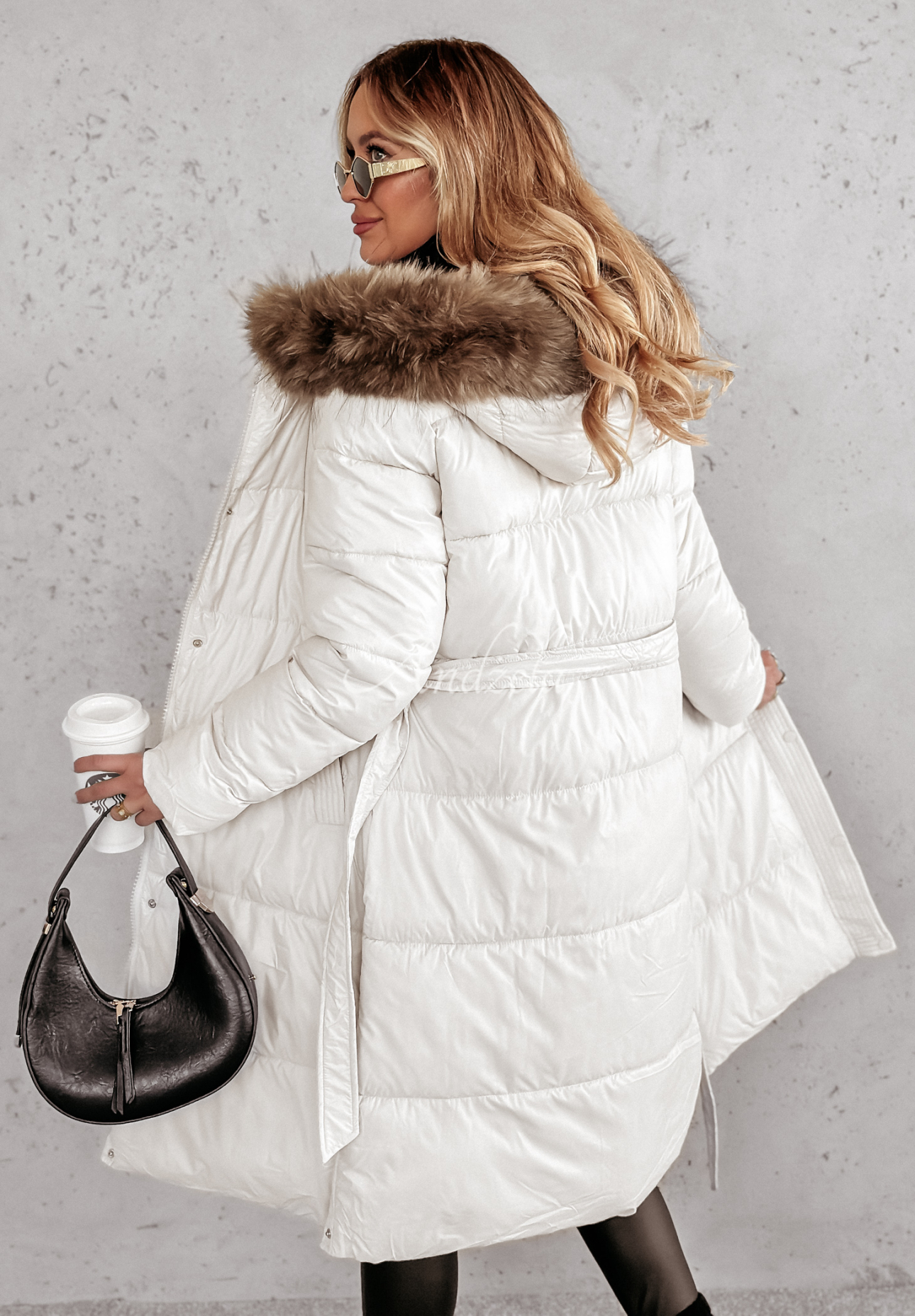 Lange Steppjacke mit Fell Glacial Shine Beige