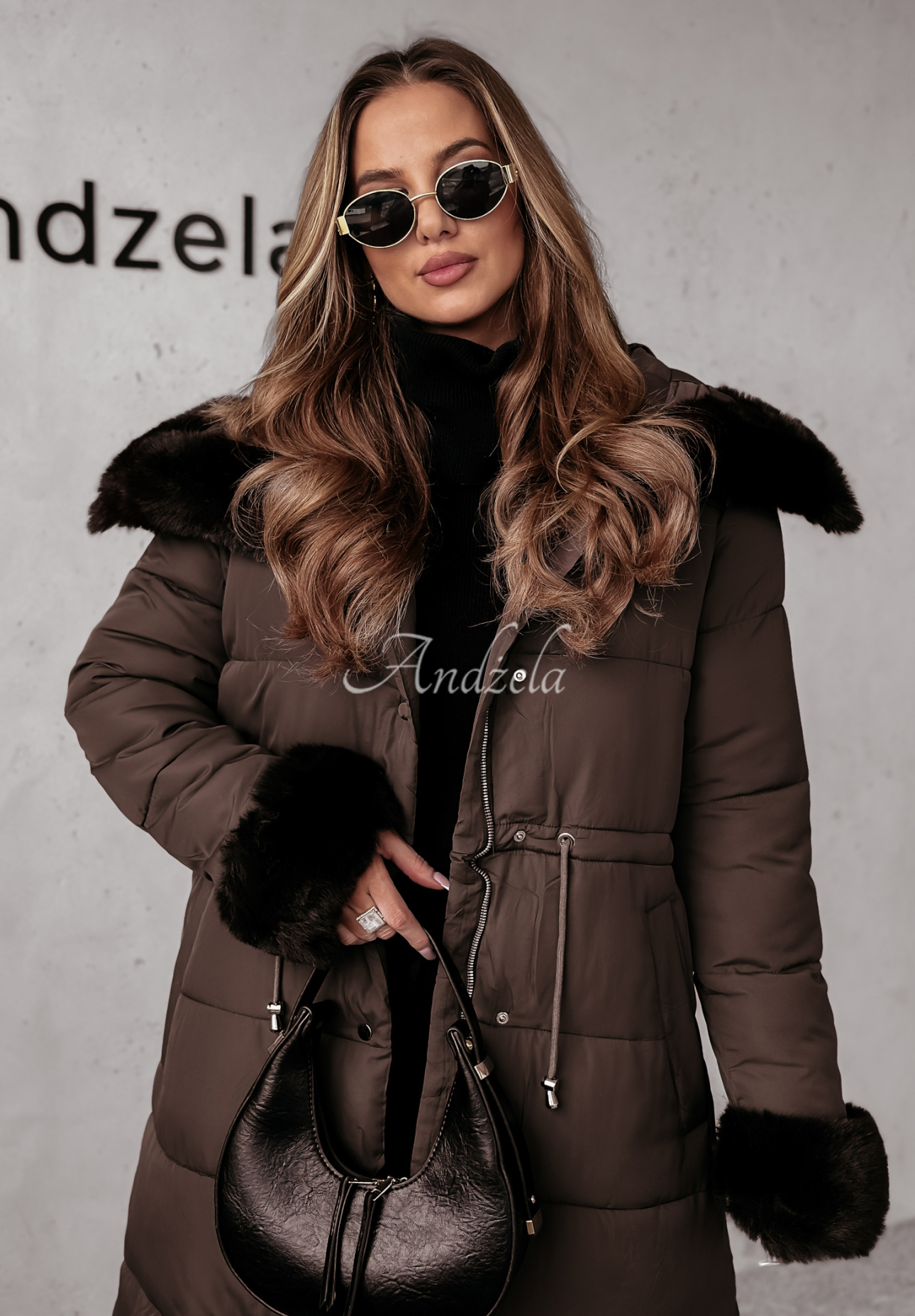 Lange Steppjacke mit Fell Ready For Winter Schokoladenbraun