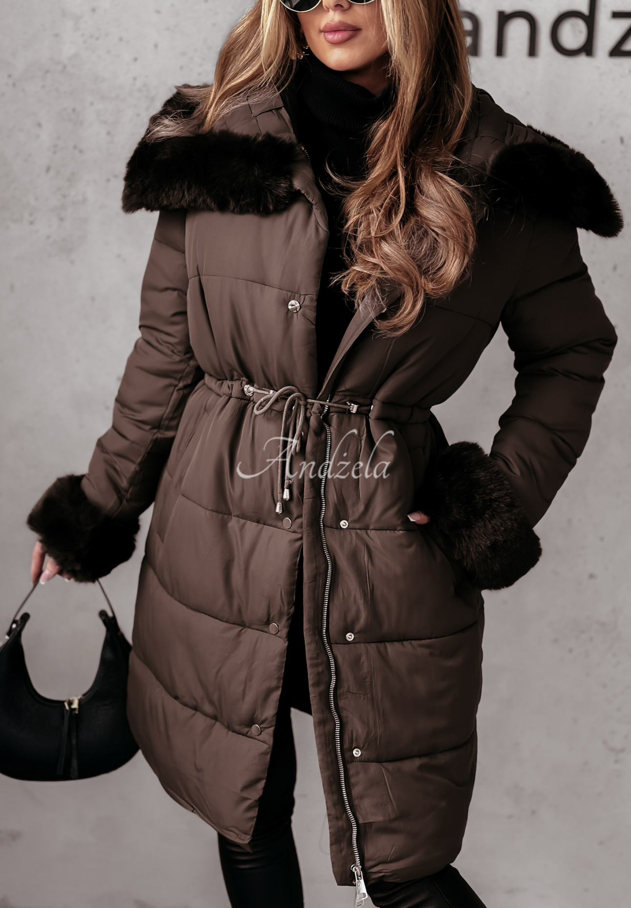 Lange Steppjacke mit Fell Ready For Winter Schokoladenbraun