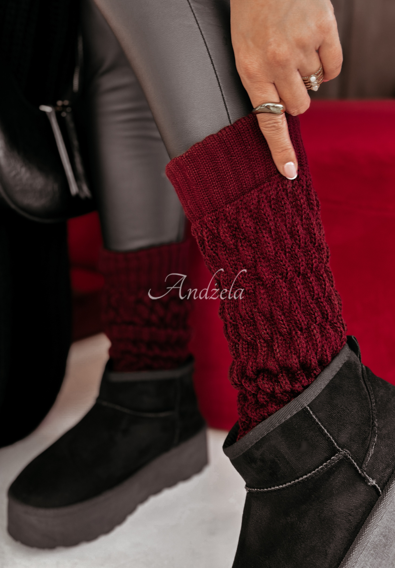 Embellished plaid warmer gaiters Winter Blues burgundy