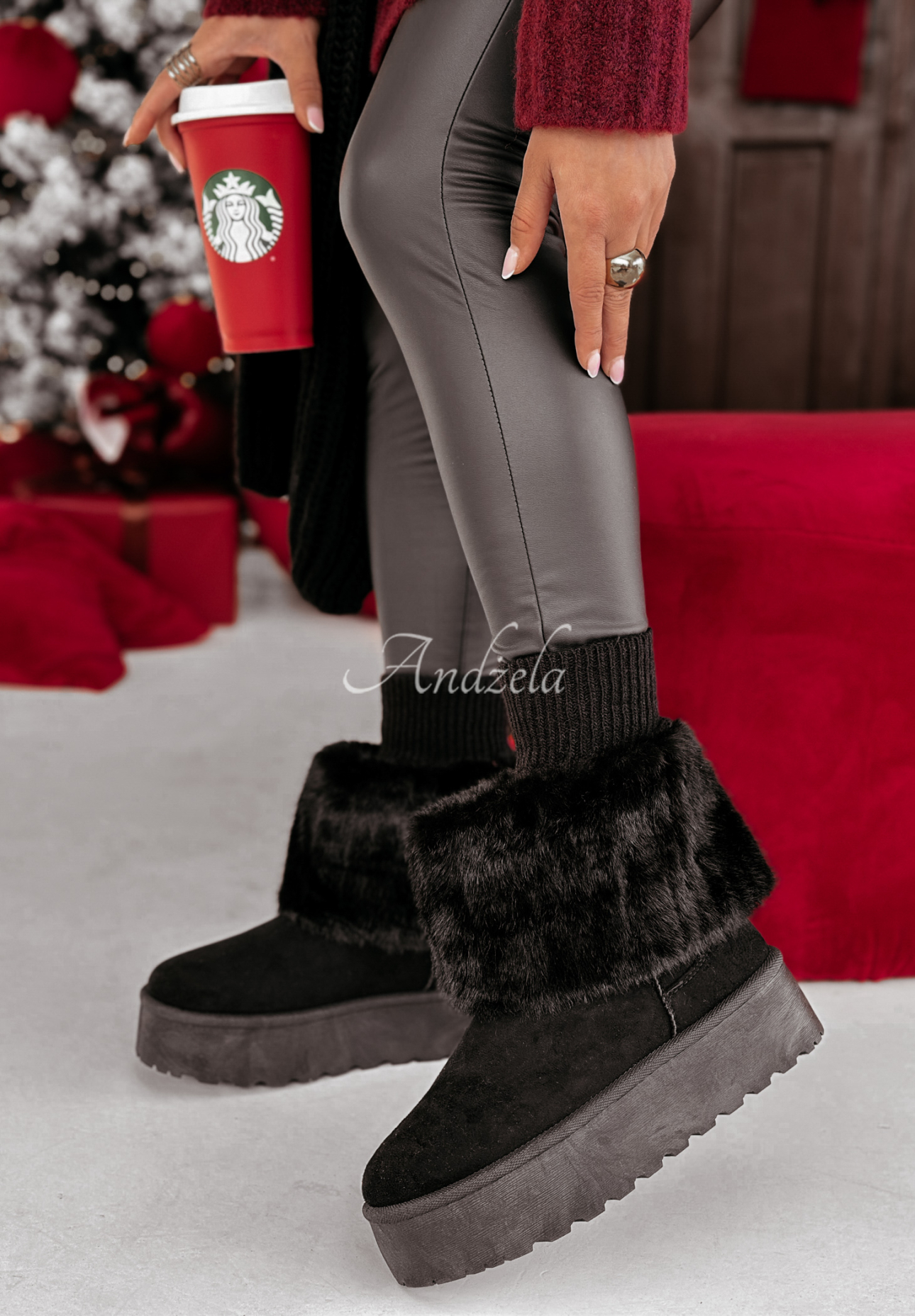 Stiefeletten aus Wildlederimitat mit Pelz Frosted Nights Schwarz