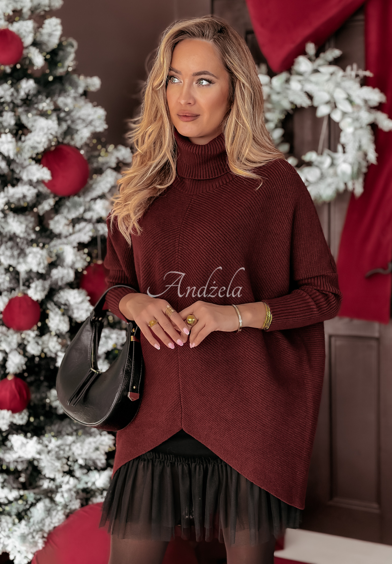 Oversize Pullover mit Rollkragen Winter Hue Burgunderrot