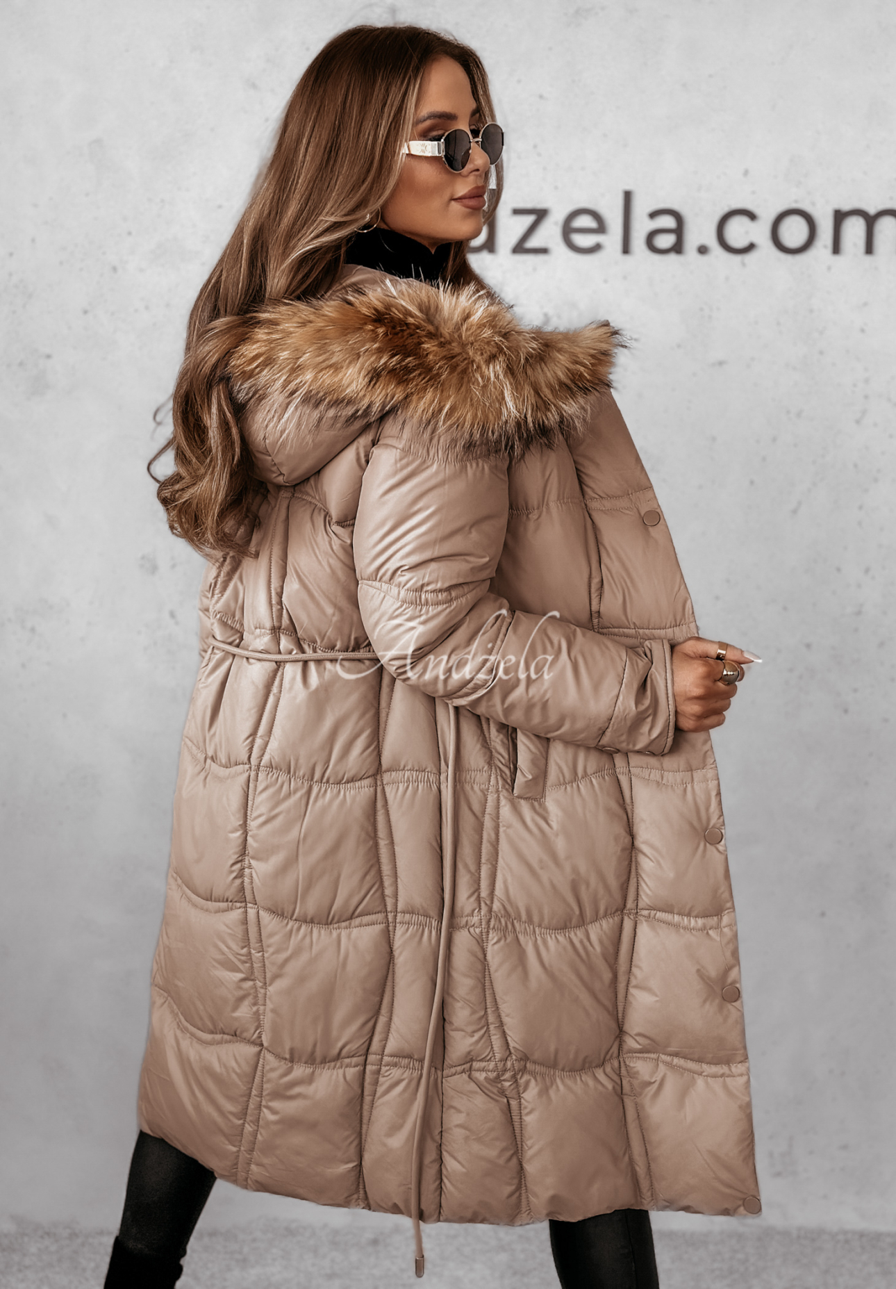 Lange Steppjacke mit Pelz Snowy Sparks Camel