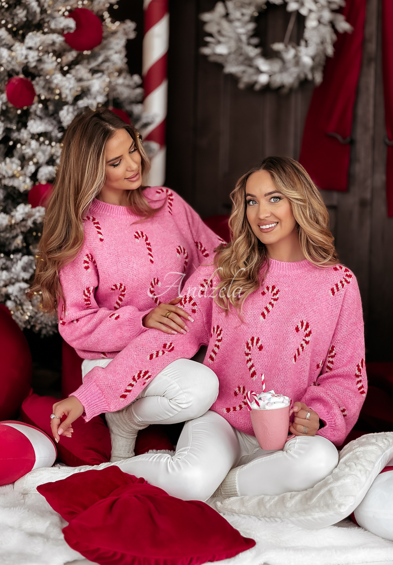 Pullover mit Weihnachtsmuster Sweet Candy Canes Rosa