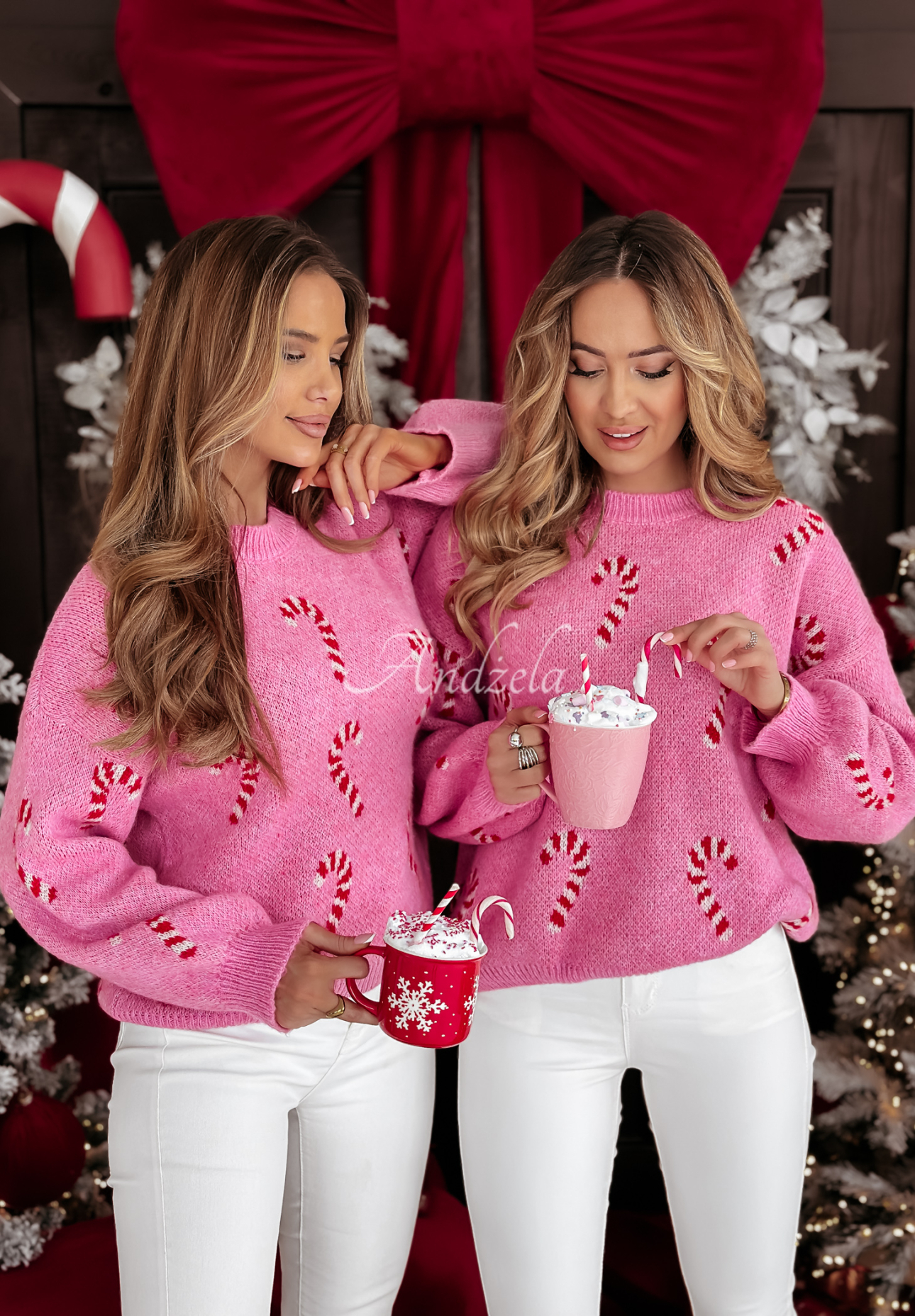 Pullover mit Weihnachtsmuster Sweet Candy Canes Rosa