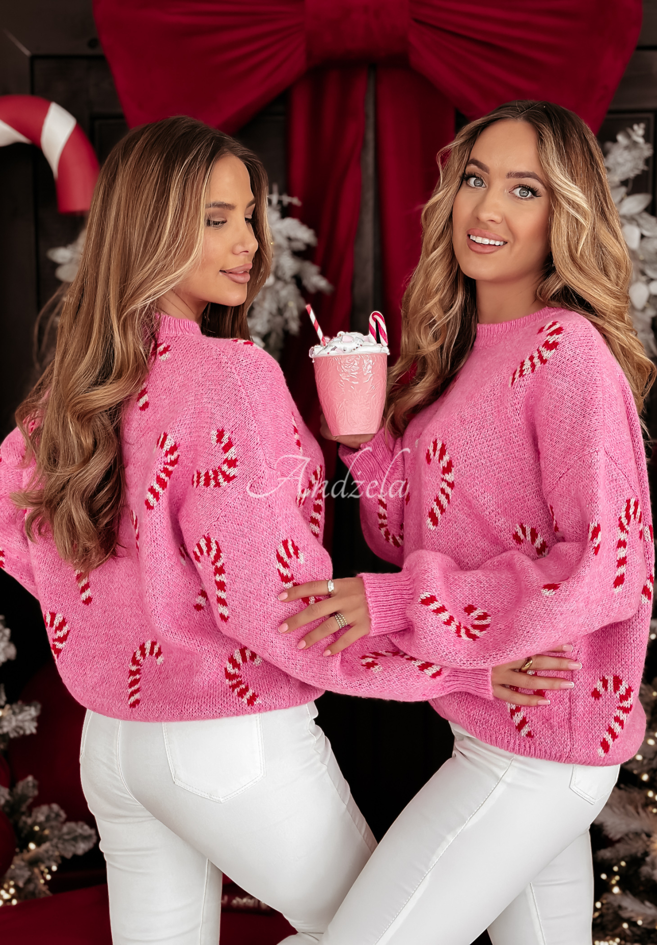 Pullover mit Weihnachtsmuster Sweet Candy Canes Rosa