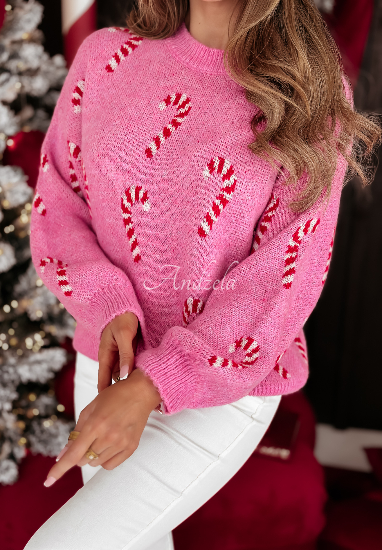 Pullover mit Weihnachtsmuster Sweet Candy Canes Rosa