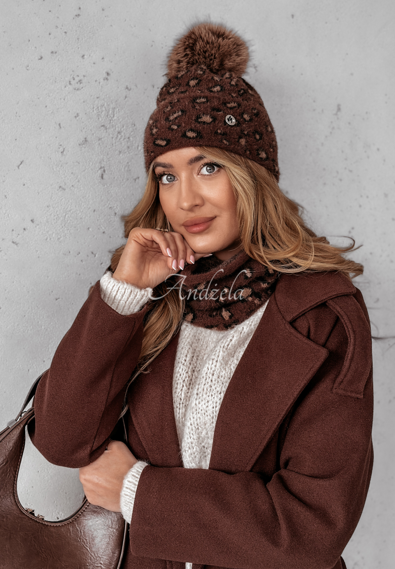 Set Mütze und Schlauchschal alpaka mit Leopardenmuster Warm Hearts Schokoladenbraun