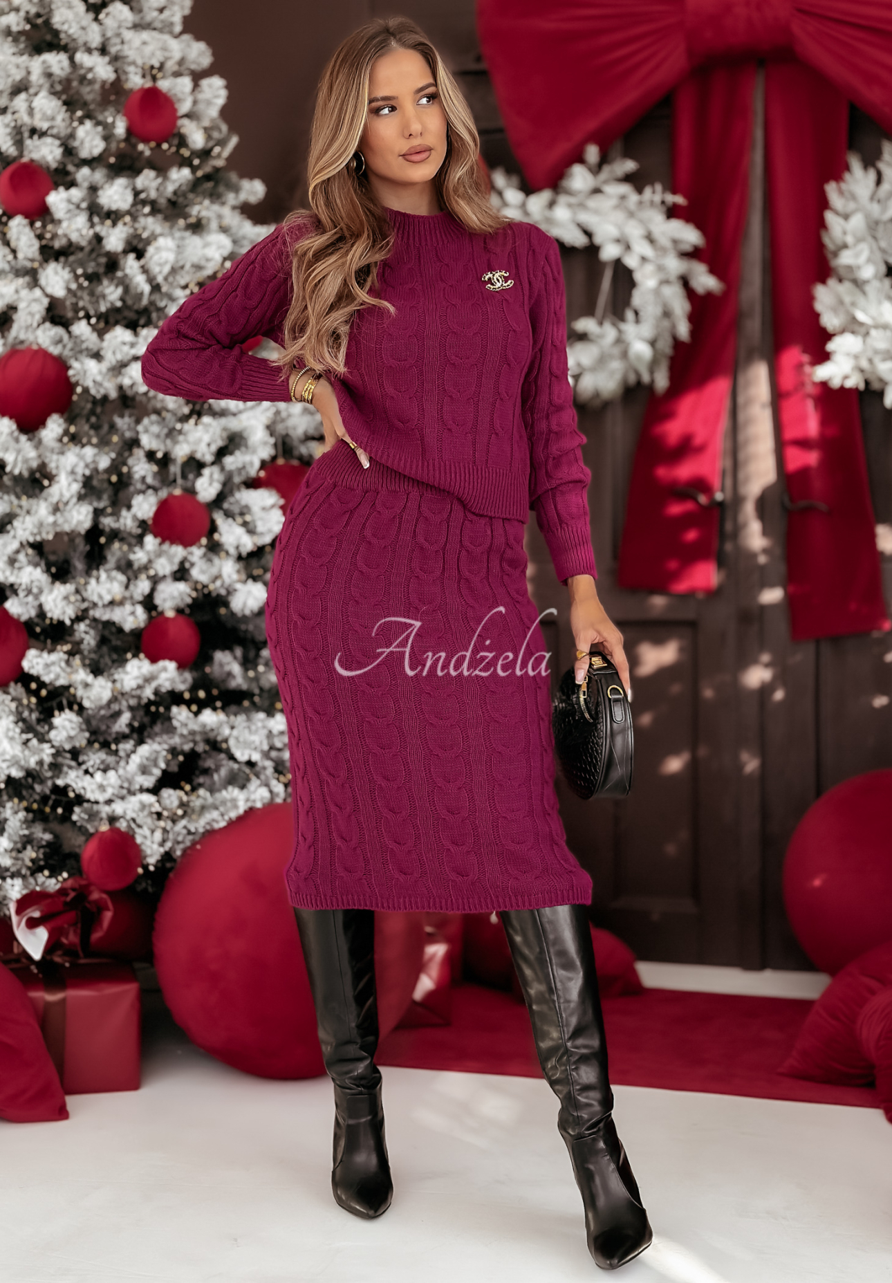 Set aus dekorativ gewebtem Pullover und Rock Cozy &amp; Warm Pflaumenfarbe