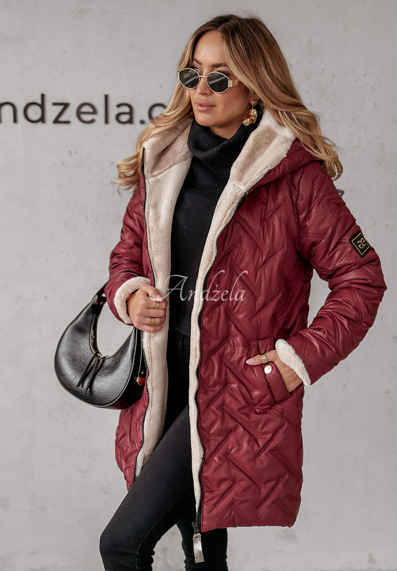 Lange Steppjacke mit Fellimitat Autumn Months Burgunderrot