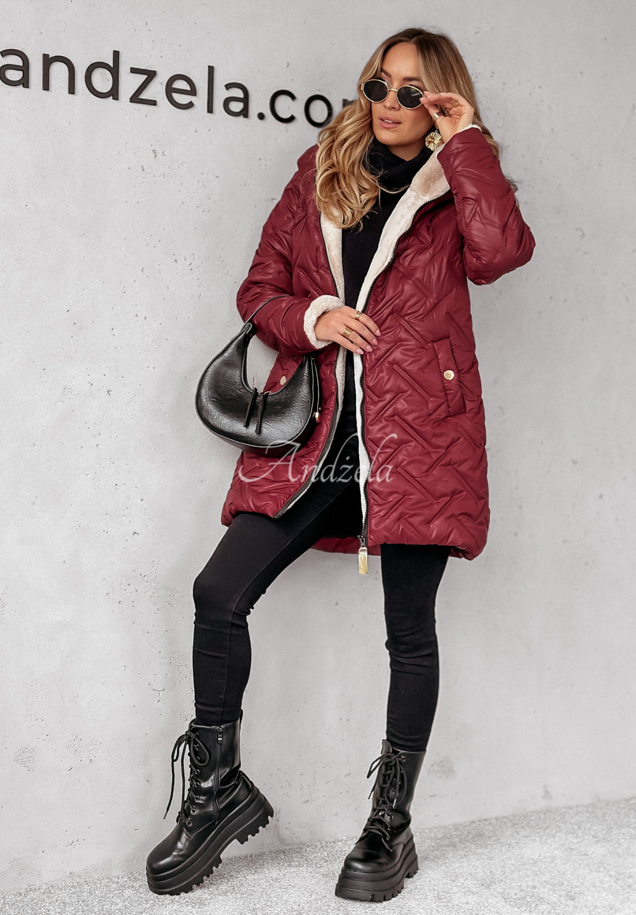 Lange Steppjacke mit Fellimitat Autumn Months Burgunderrot