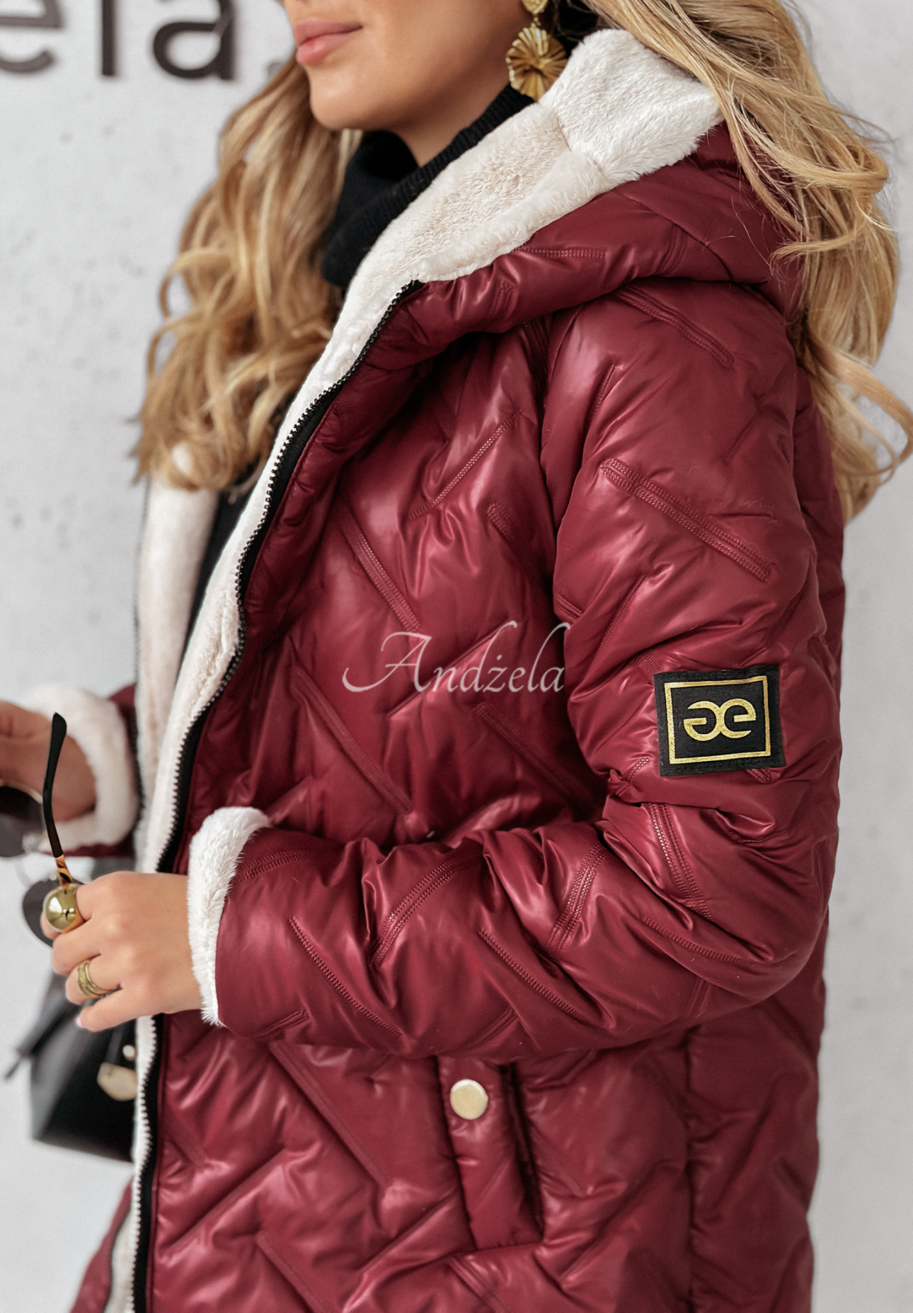 Lange Steppjacke mit Fellimitat Autumn Months Burgunderrot