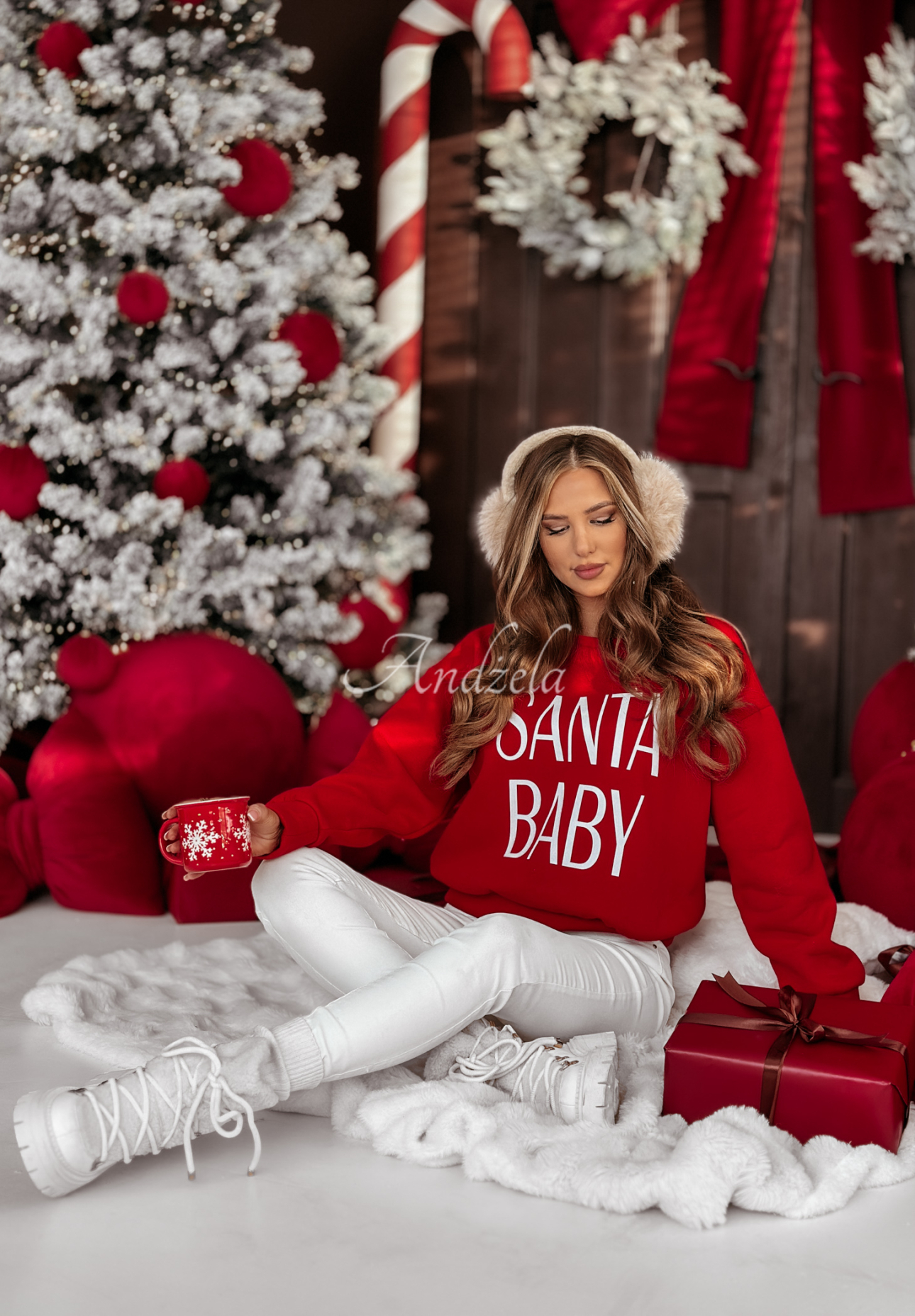 Weihnachtssweatshirt mit Print Santa Baby Rot
