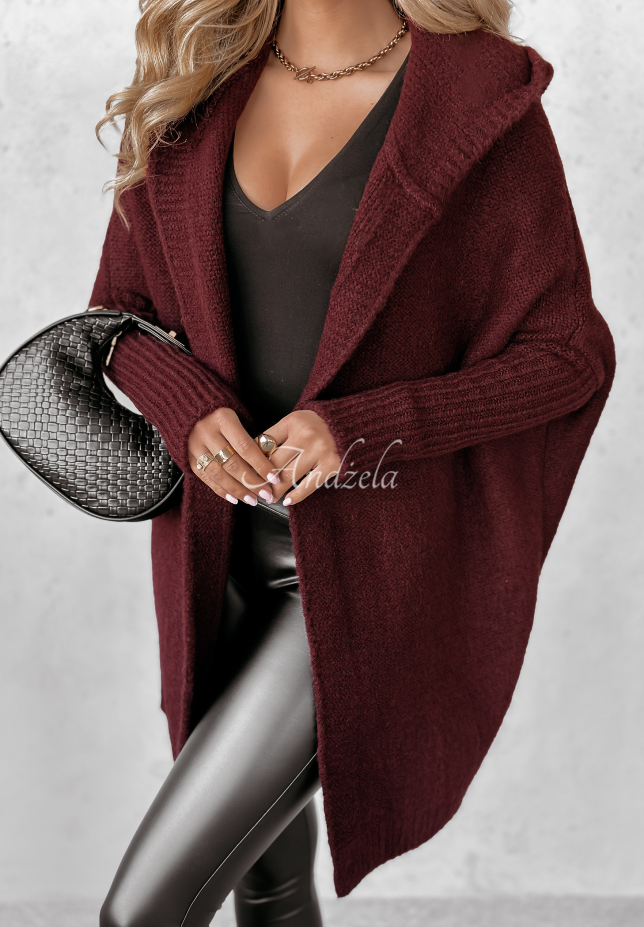 Long oversize cardigan with hood Montevista burgundy