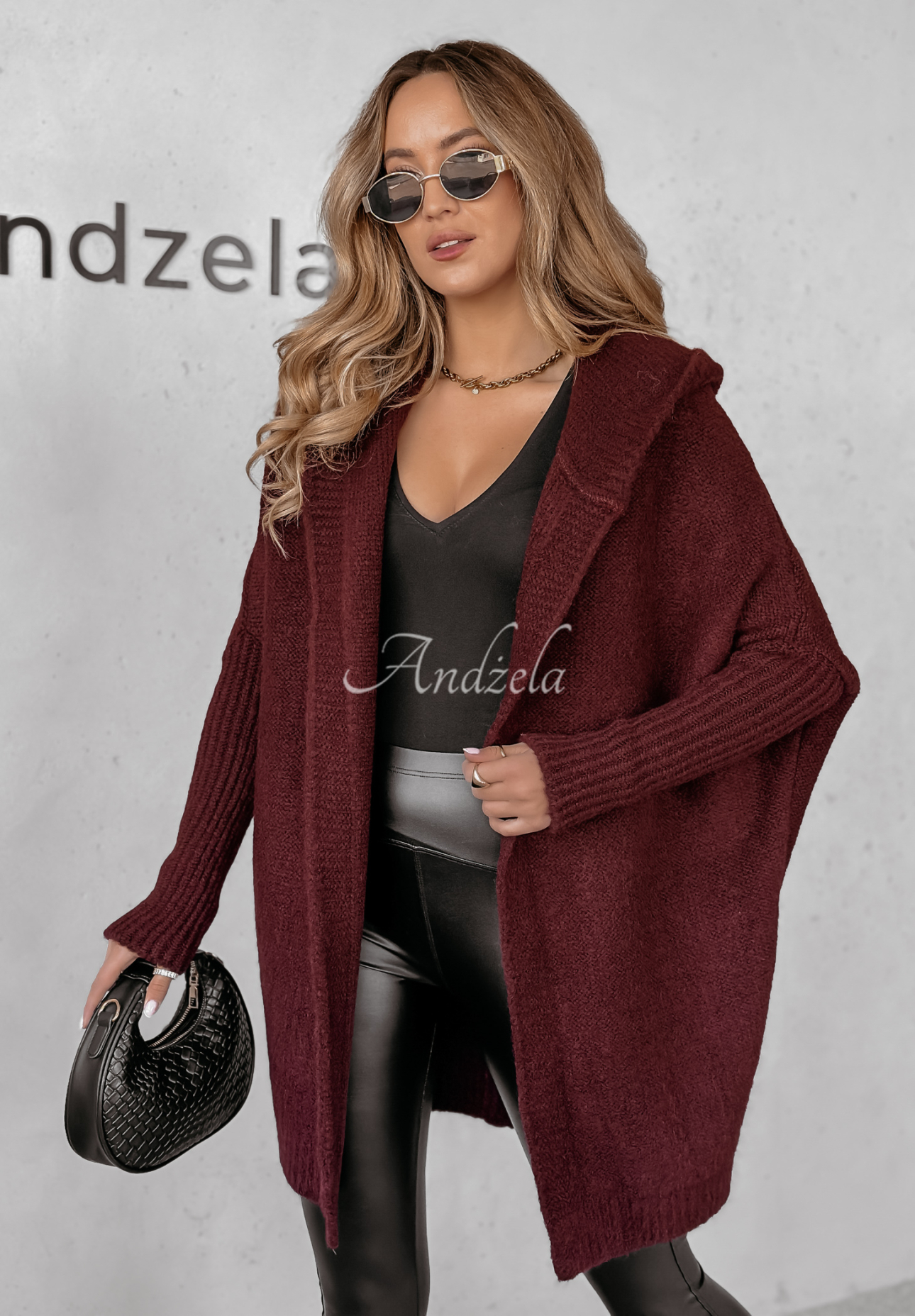 Long oversize cardigan with hood Montevista burgundy