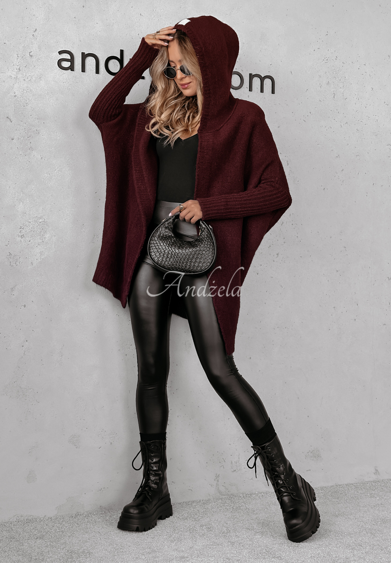 Long oversize cardigan with hood Montevista burgundy