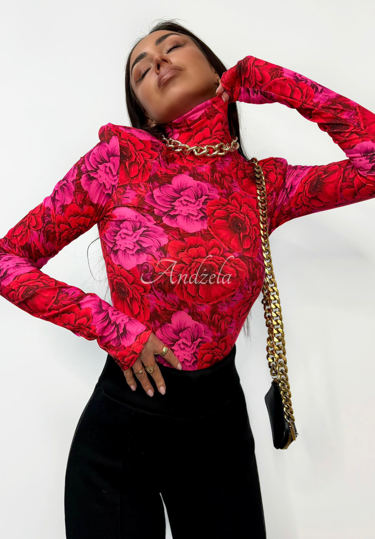 Geblümte Rollkragenbluse mit langen Ärmeln La Milla Flirty Florals rosa-rot