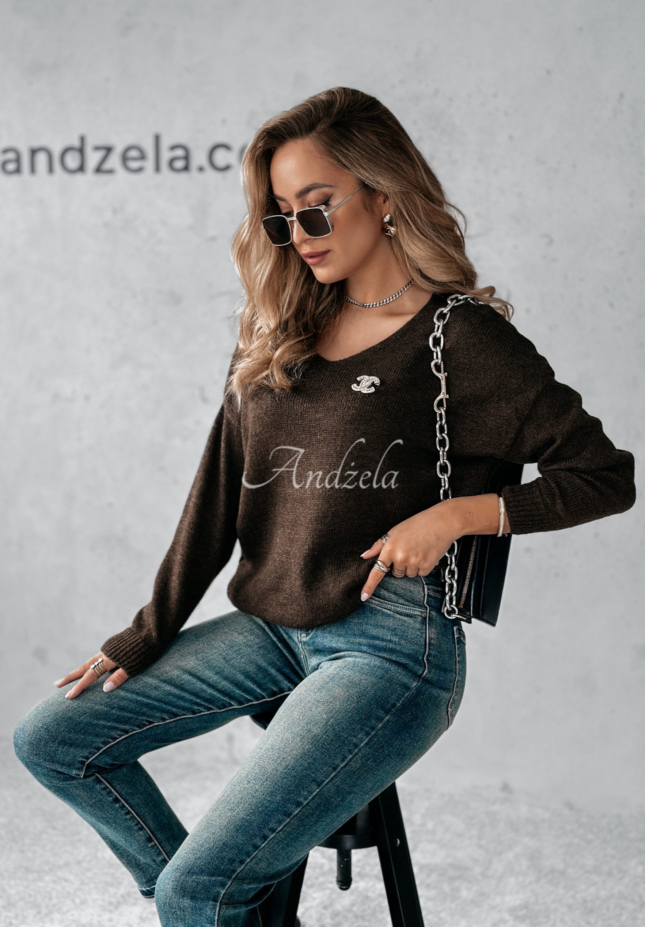 Pullover mit Ausschnitt Caffe Latte Schokoladenbraun