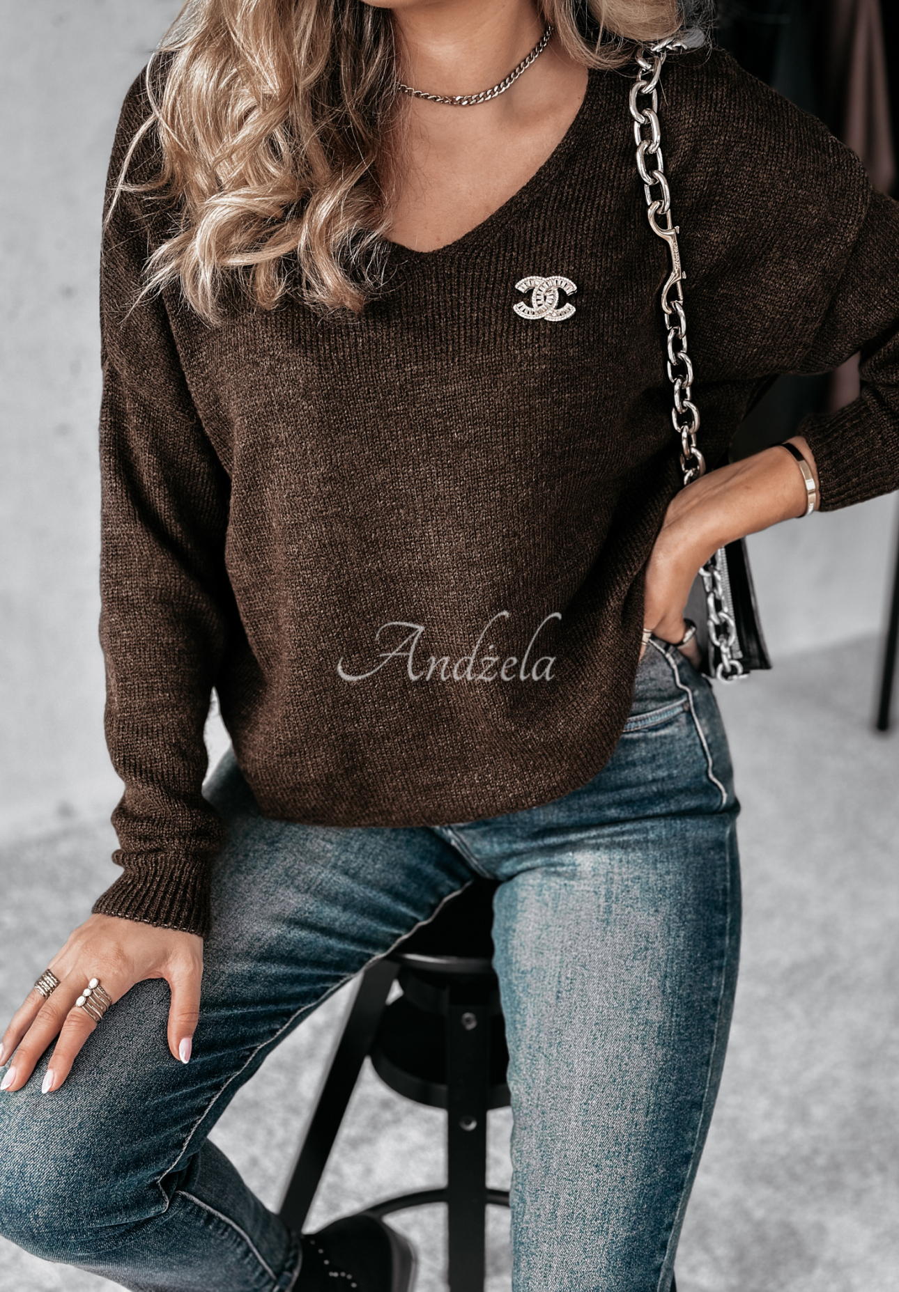 Pullover mit Ausschnitt Caffe Latte Schokoladenbraun