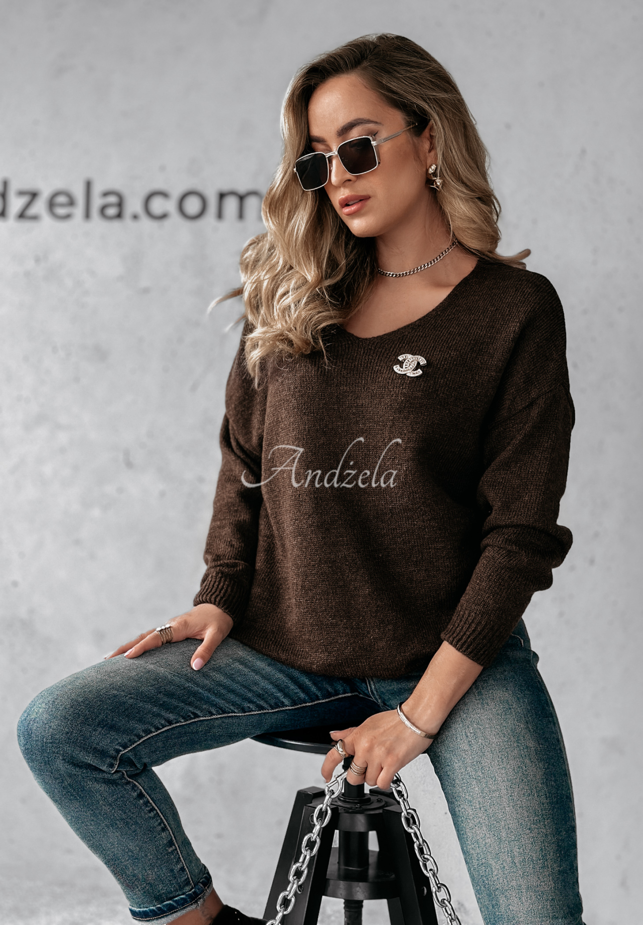 Pullover mit Ausschnitt Caffe Latte Schokoladenbraun