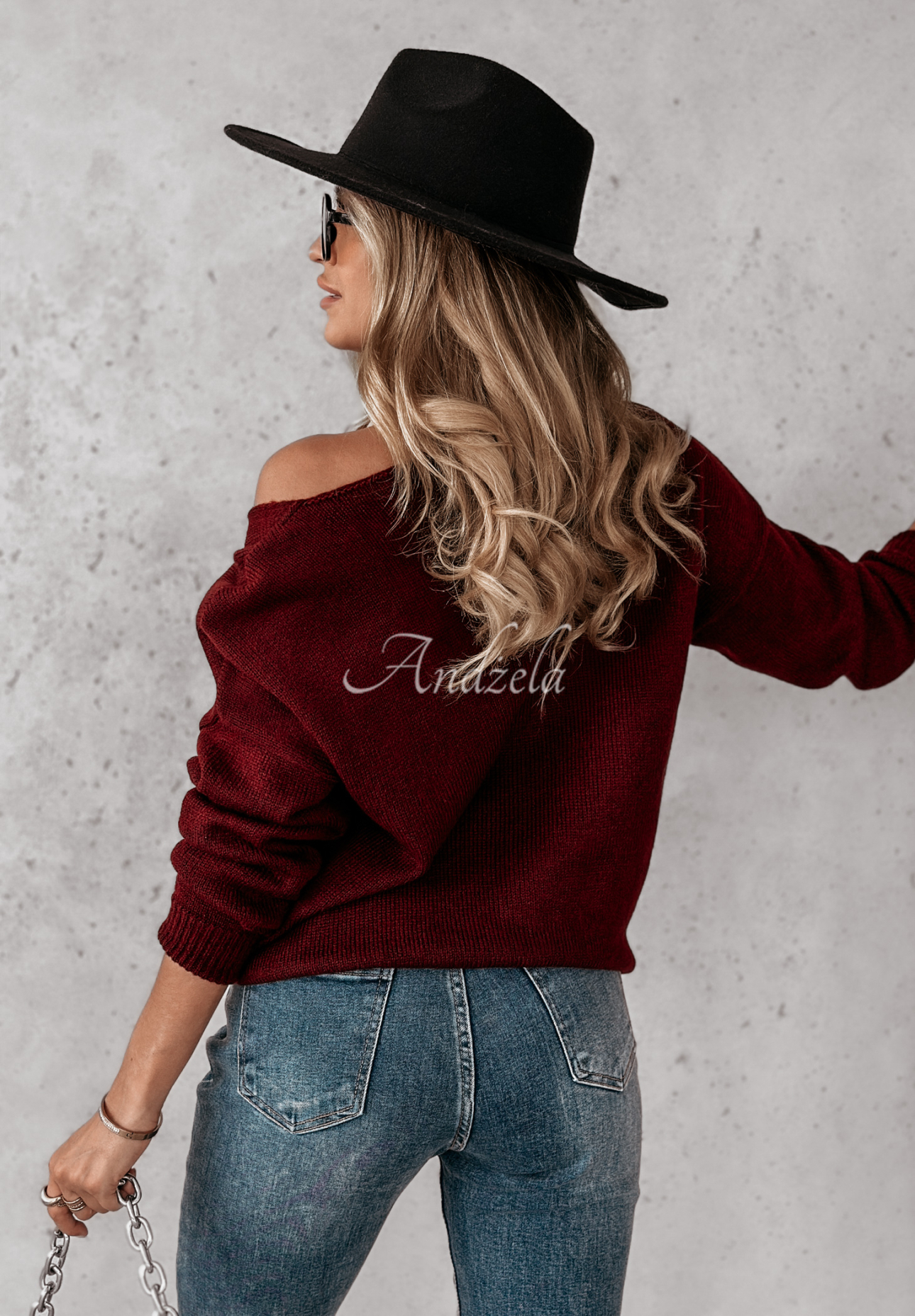 Pullover mit Ausschnitt Caffe Latte Burgunderrot