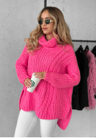 Ozdobnie pleciony Pullover z golfem Rosso Neon Rosa