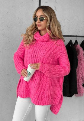 Dekorativ gewebter Rollkragenpullover Rosso Neon Rosa