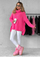 Ozdobnie pleciony Pullover z golfem Rosso Neon Rosa