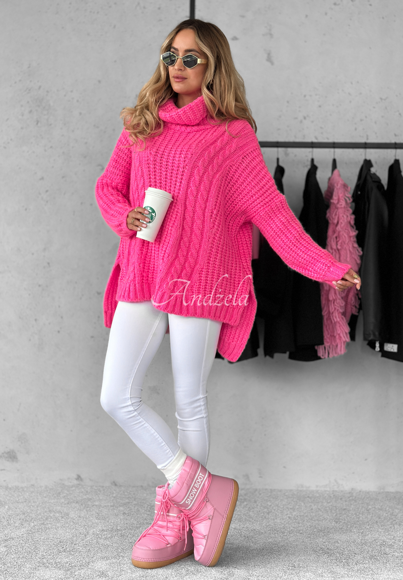 Dekorativ gewebter Rollkragenpullover Rosso Neon Rosa